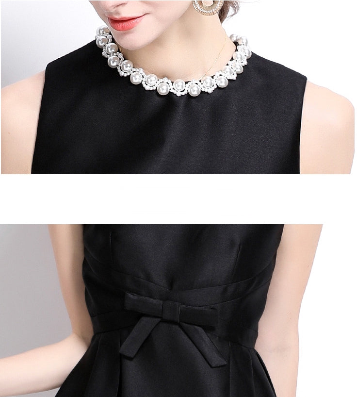 Elegant Pearl-Trimmed Black Mini Dress - 899034048641_BLACK