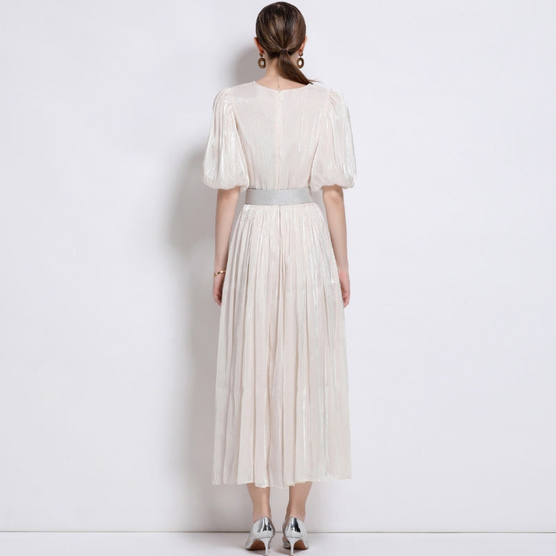 Ivory Grace Pleated Belted Dress - 920551704711_APRICOT