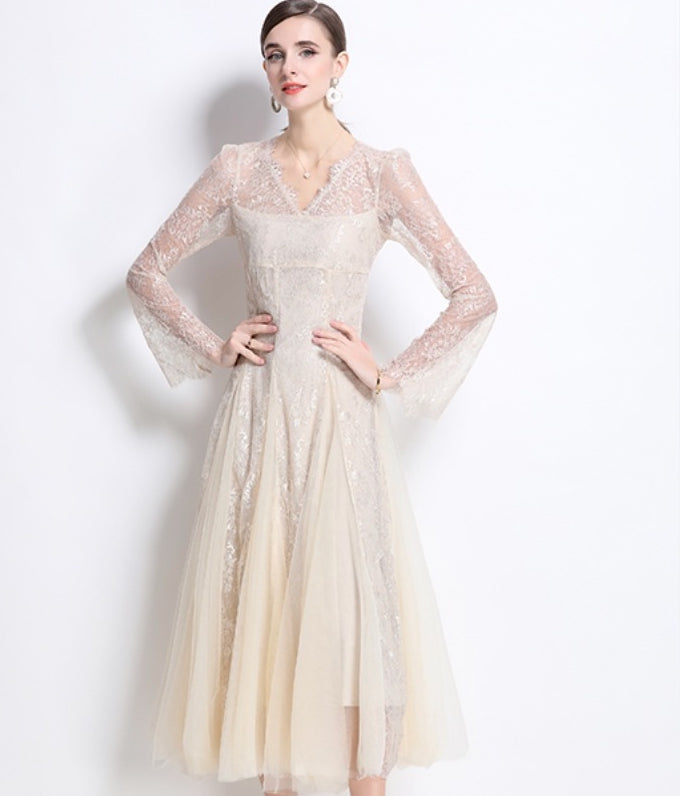 Ivory Lace Long-Sleeve Midi Dress