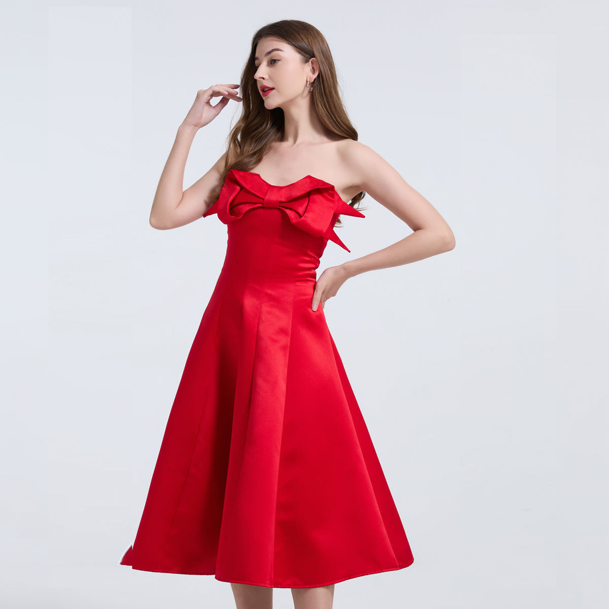 Strapless Bow Detail Satin Midi Dress - Red