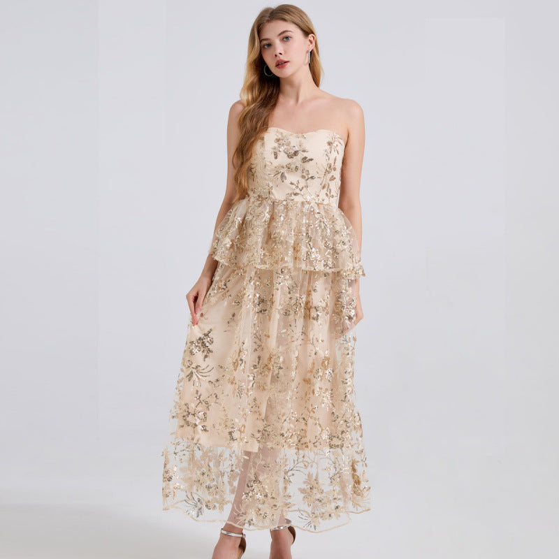 Champagne Gold Floral Sequin Tiered Maxi Dress