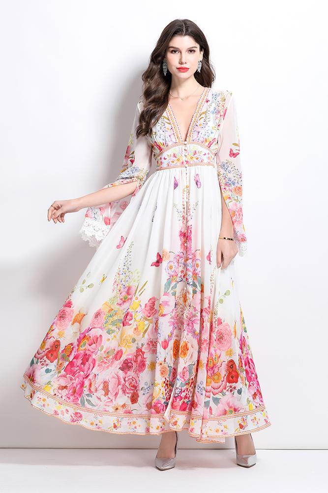 Bohemian Floral Bell-Sleeve Maxi Dress