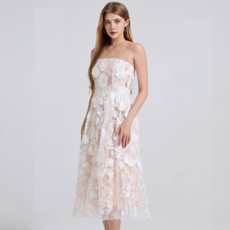 Blossom Veil Strapless White Embroidered Dress - 912071976607_WHITE
