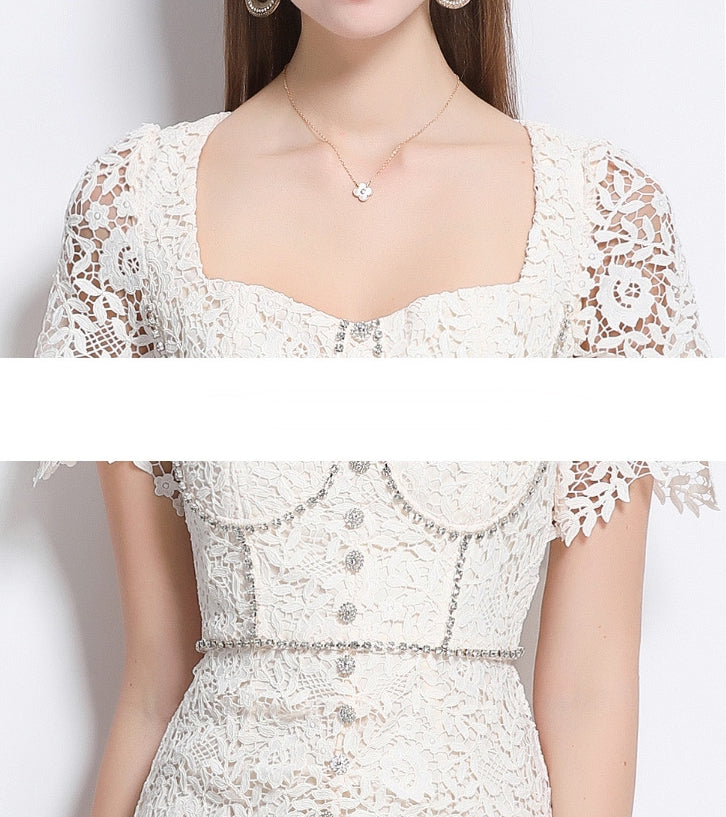 Elegant Lace Pearl-Button Midi Dress - 911152070726_APRICOT