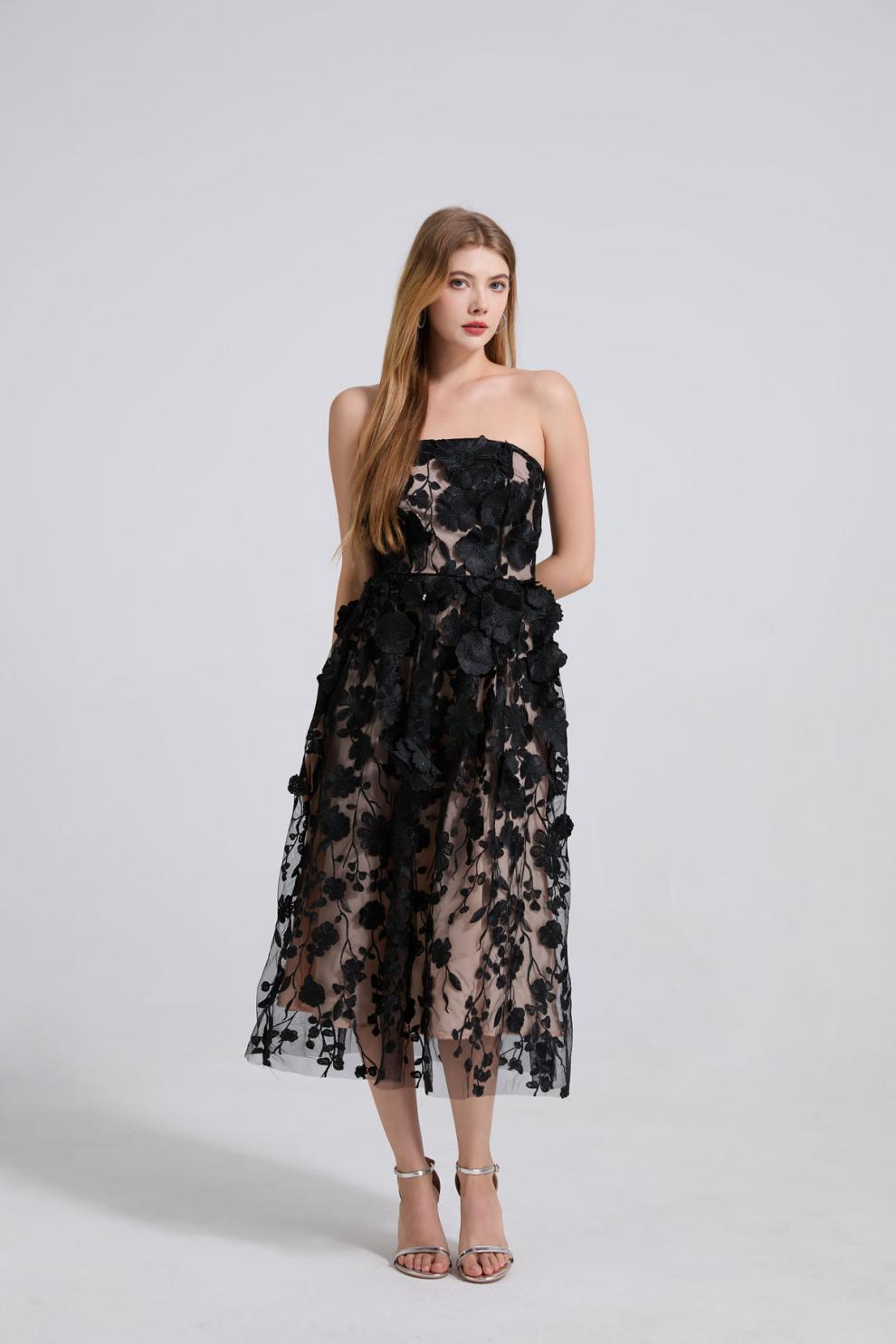 Midnight Bloom Strapless Tulle Dress - 912071976607_BLACK