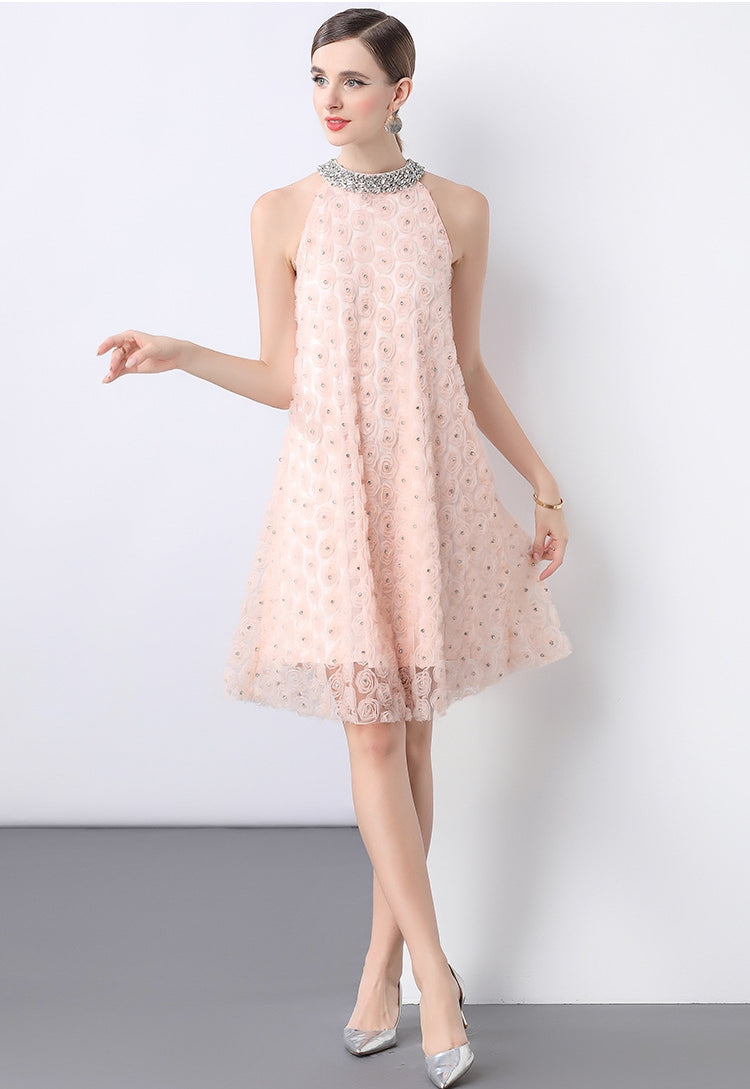 Blush Rosette Halter Dress with Pearl Belt