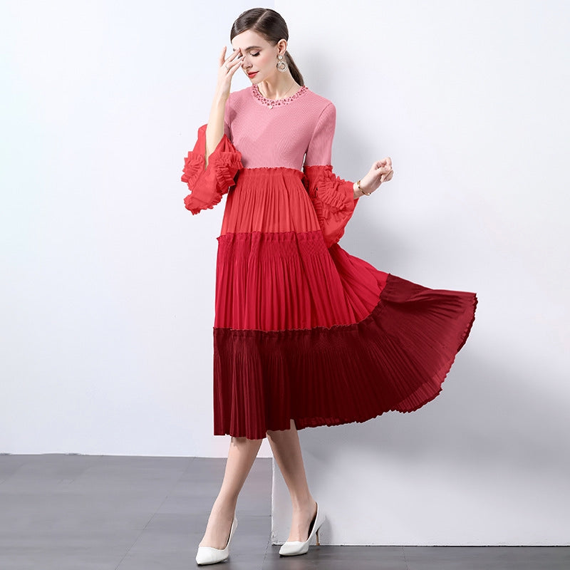Red Ombre Pleated Midi Dress