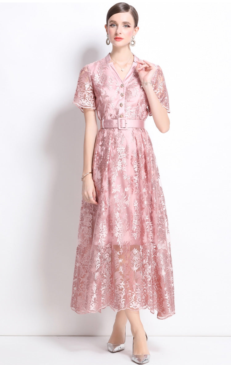 Aurora Bloom Embroidered Tea-Length Dress