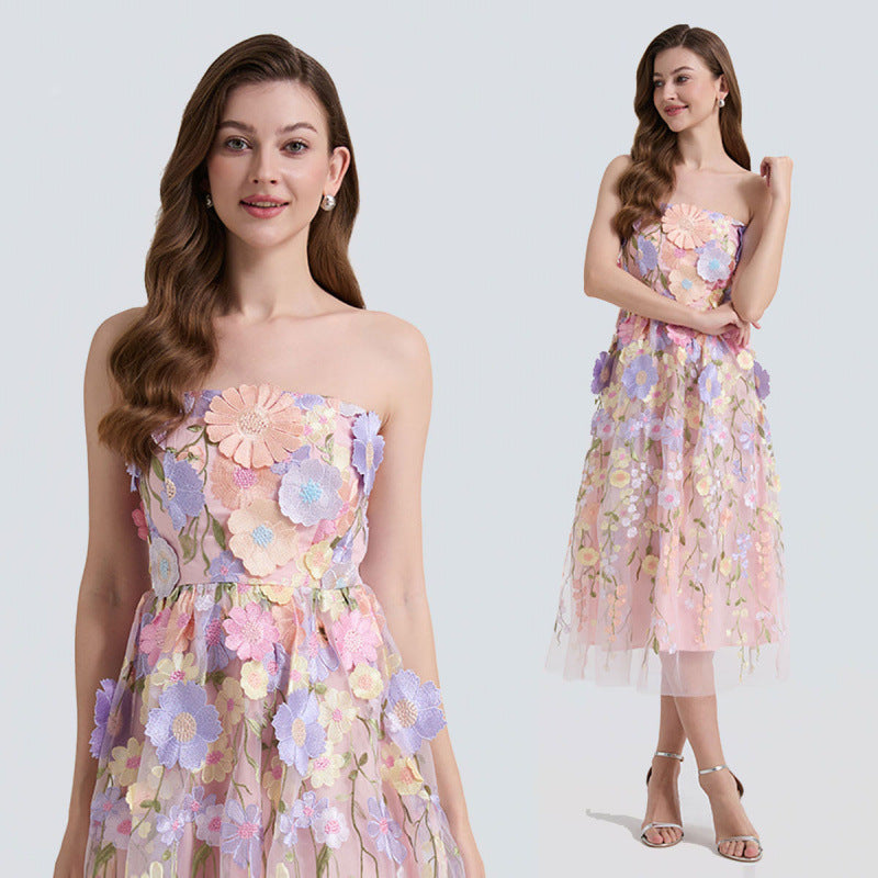 Petal Whisper Strapless Embroidered Dress - 912071976607_PINK