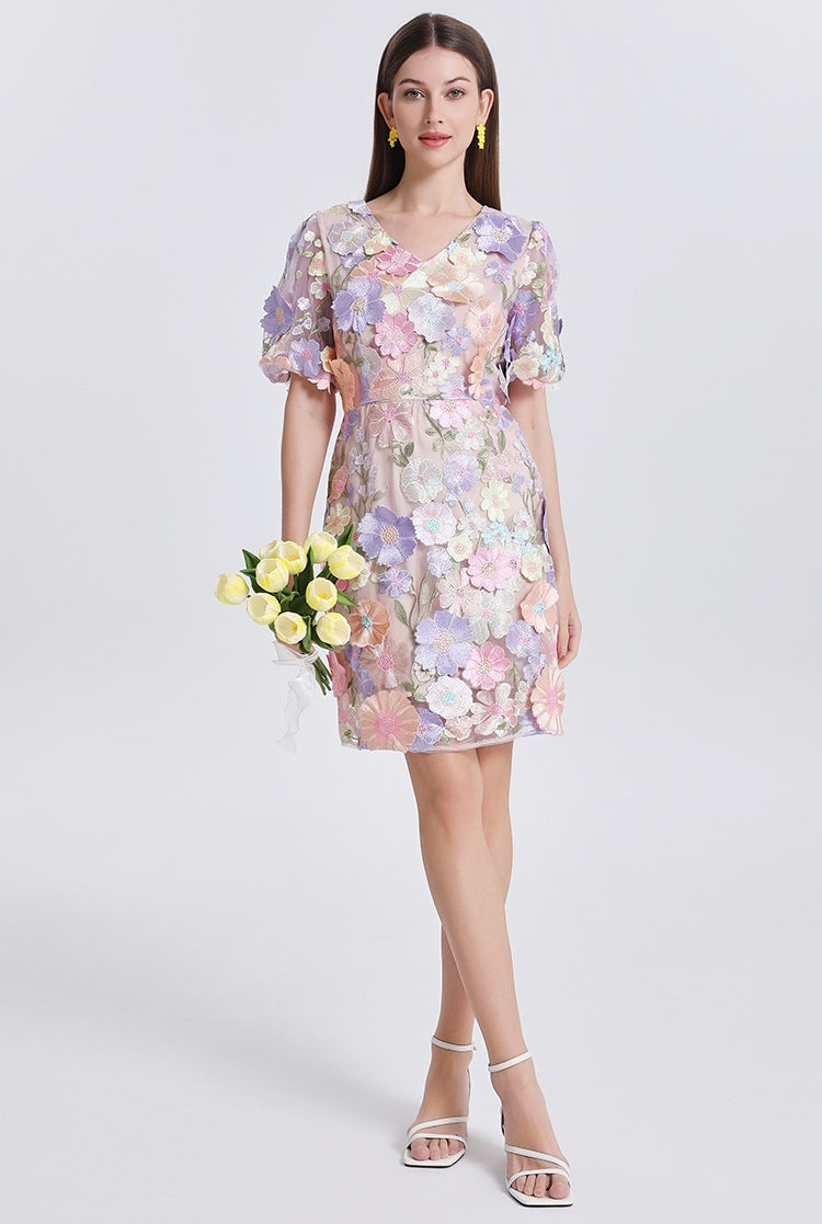 Pastel Garden Embroidered Mini Dress - 907313265705_LIGHTPURPLE