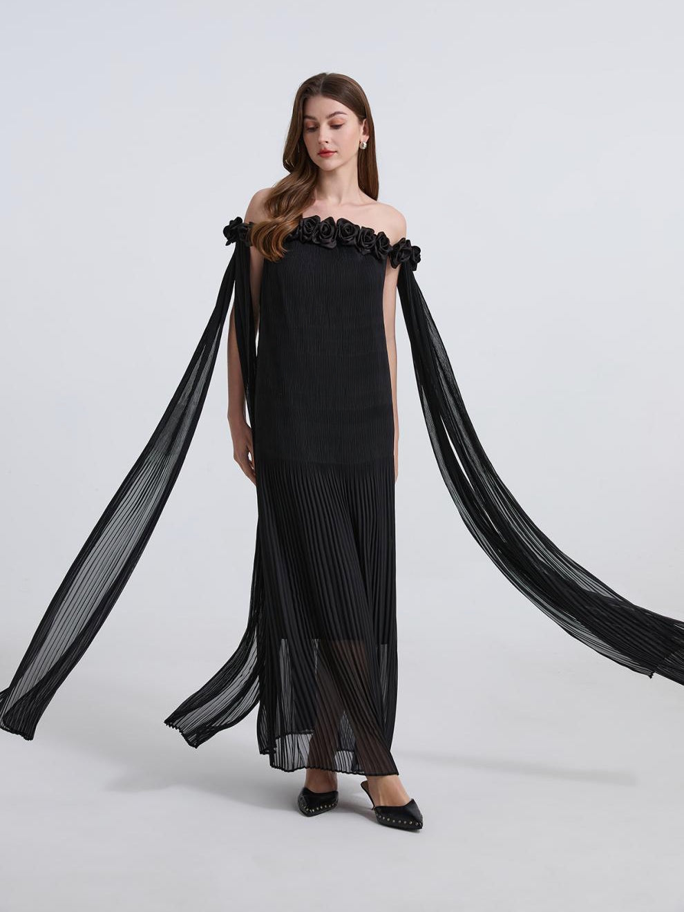 Black Floral Off-Shoulder Pleated Gown