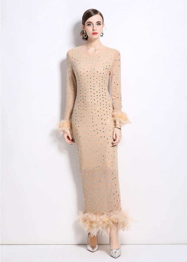 Heavy Embellished Stretchable Feather Sleeves Mesh Party Dress