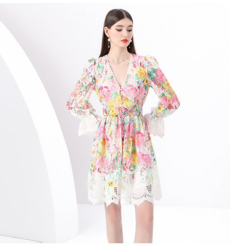 Lace Trim Floral V-Neck Dress