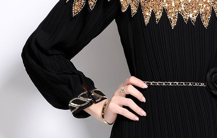 Elegant Black Maxi Dress with Gold Embellishments