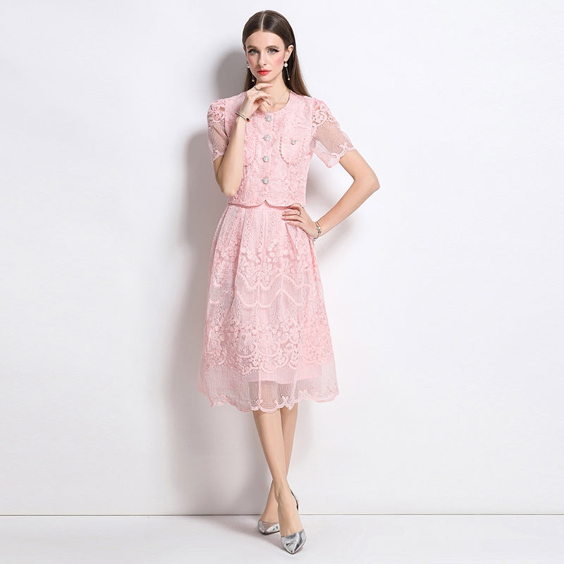 Elegant Lace Vintage Two Piece Midi Dress – Blush Pink