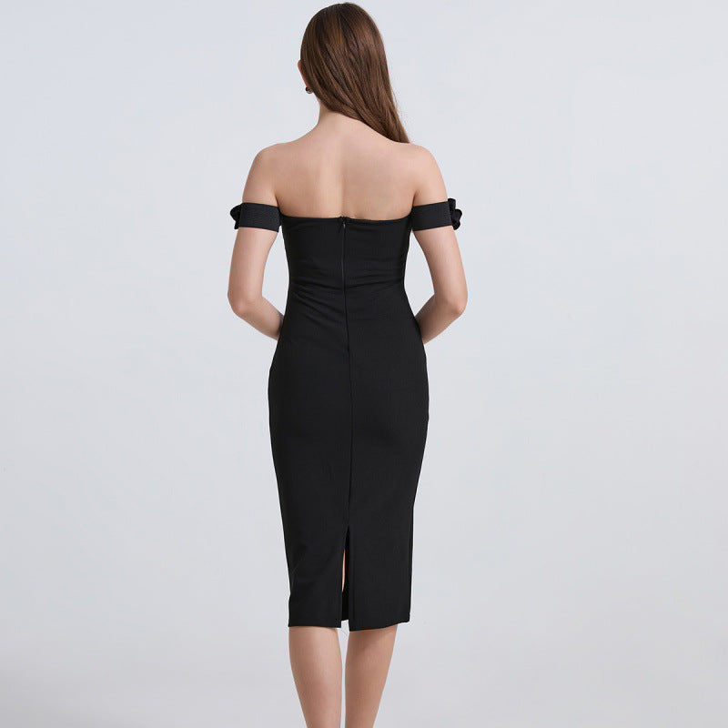 Black Off-Shoulder Rose Embellished Bodycon Dress
