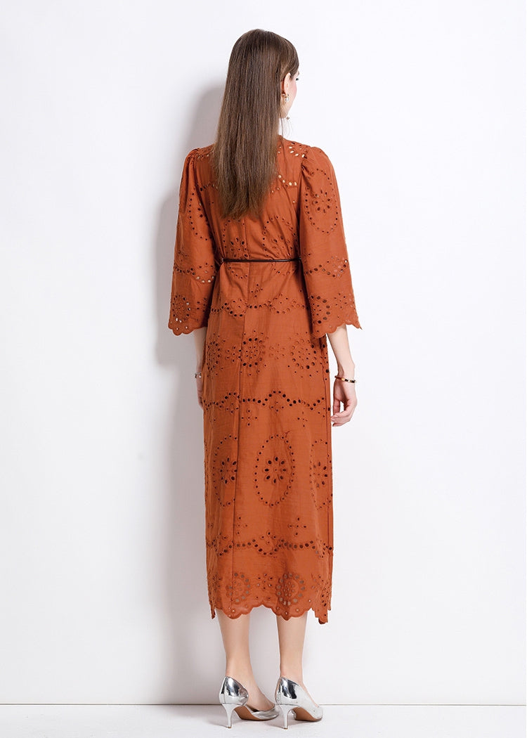 Terracotta Eyelet Midi Dress - 902368523846_BROWN