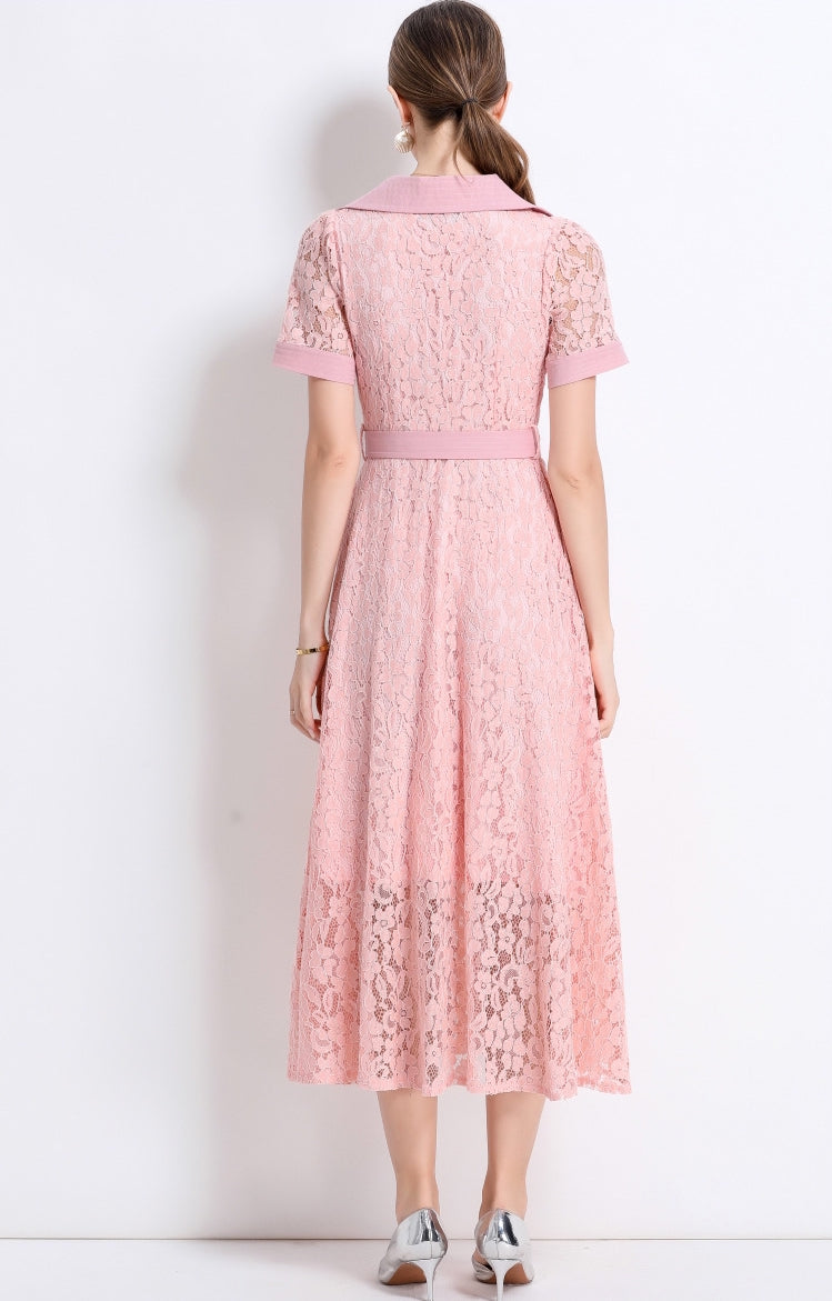 Blush Pink Lace Military Midi Dress