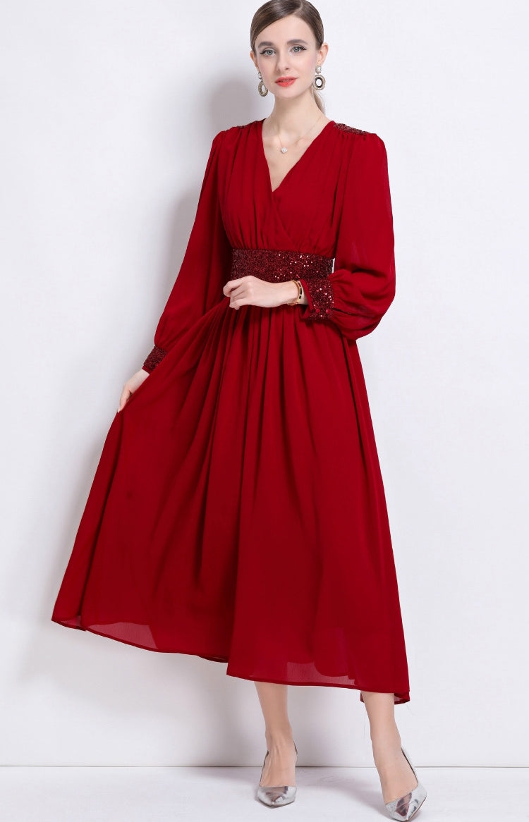 Crimson Elegance Sequin Waist Maxi Dress
