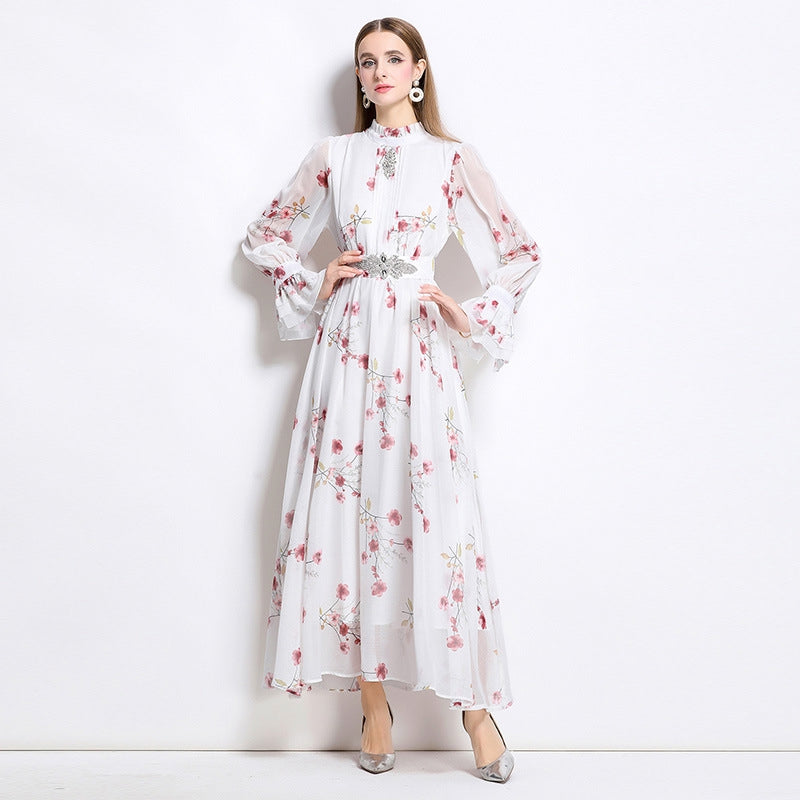 Cheery Red Flowy Floral Tiered Chiffon Gown With Belt