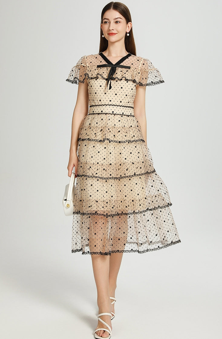Midnight Dots Sheer Layered Midi Dress - 906831310848_APRICOT