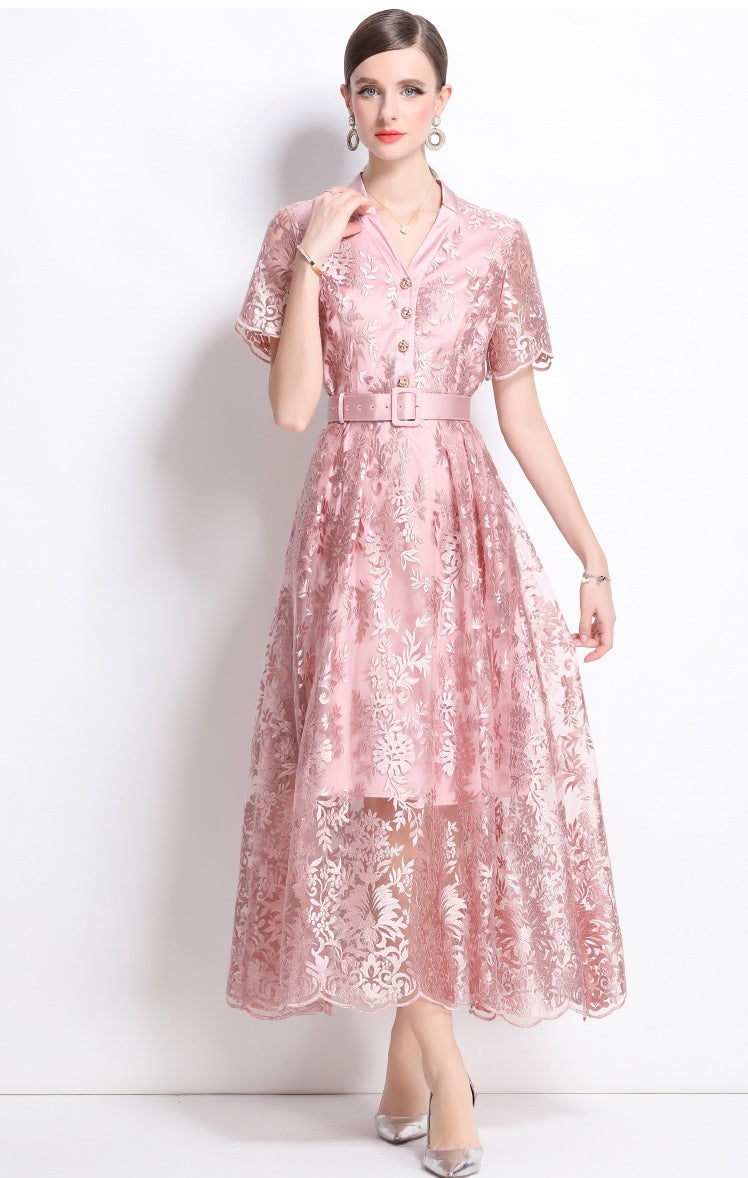 Aurora Bloom Embroidered Tea-Length Dress