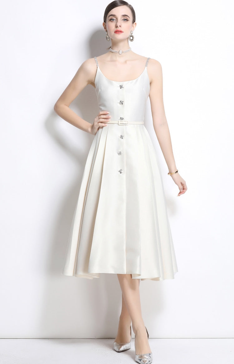 Ivory Satin Crystal-Button Midi Dress
