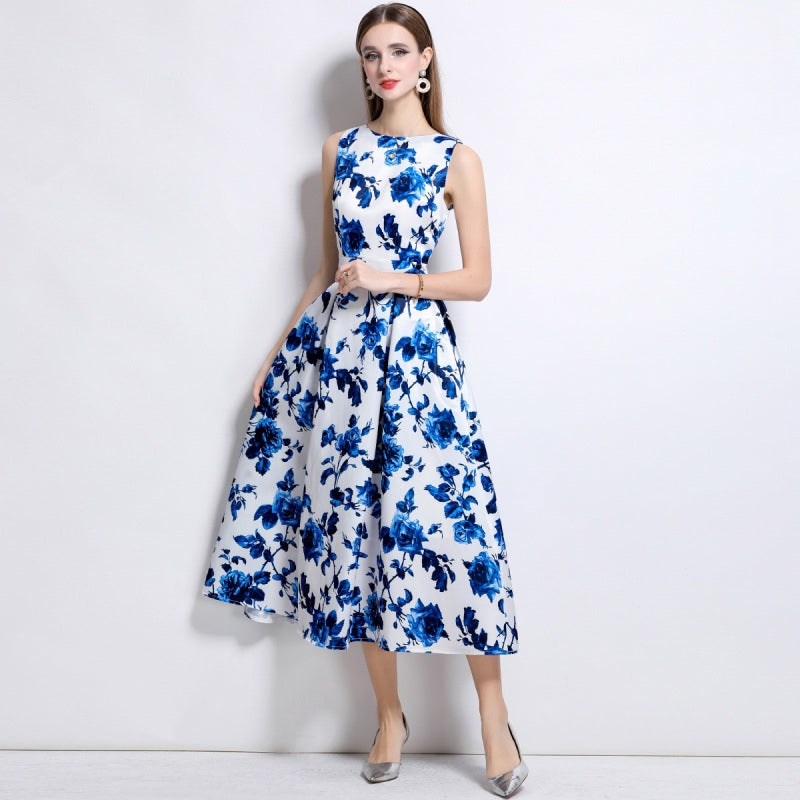 Sapphire Bloom Sleeveless Midi Dress