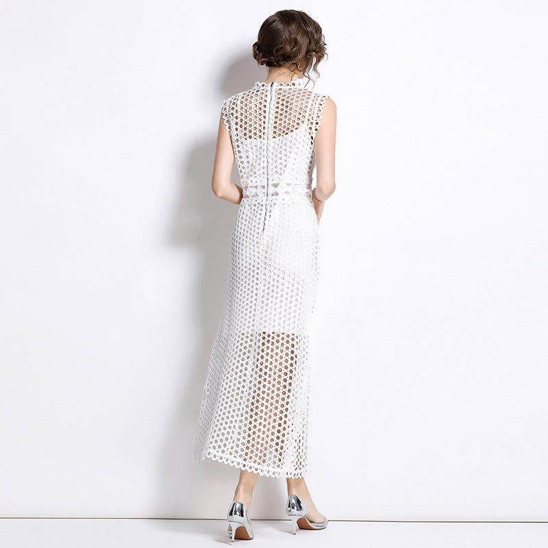 White Hollow-Out Lace Midi Dress