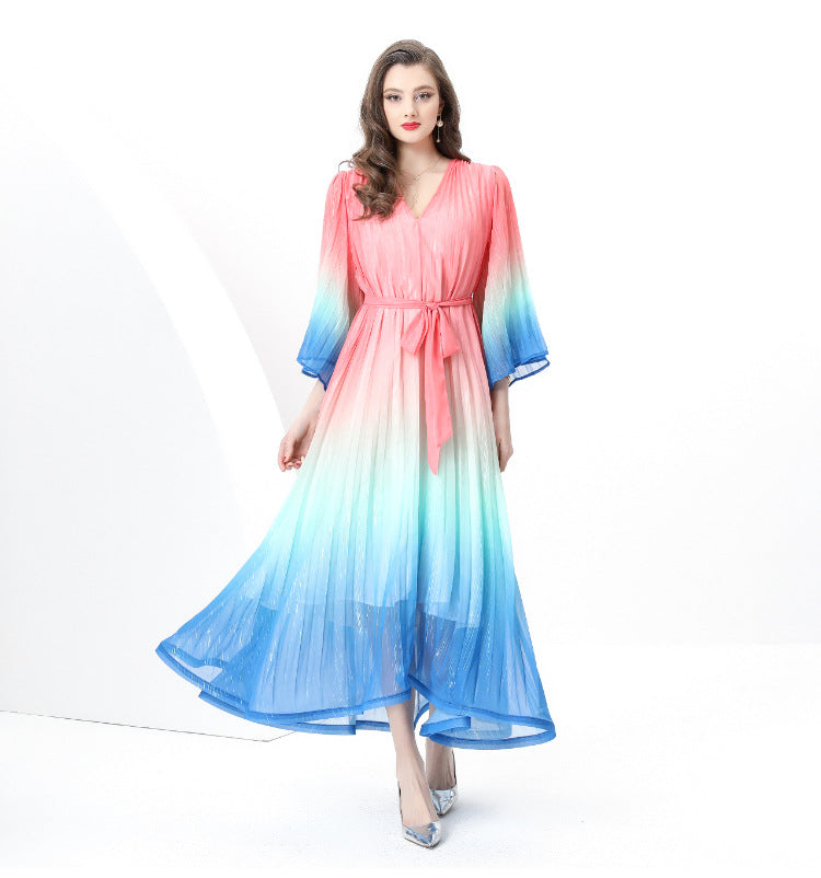 Sunset Glow Ombre Pleated Maxi Dress