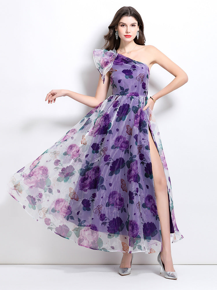 Purple Floral One-Shoulder Maxi Dress