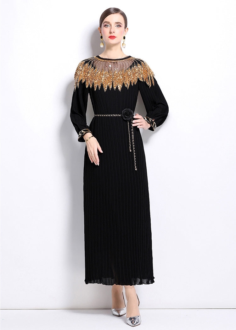Elegant Black Maxi Dress with Gold Embellishments