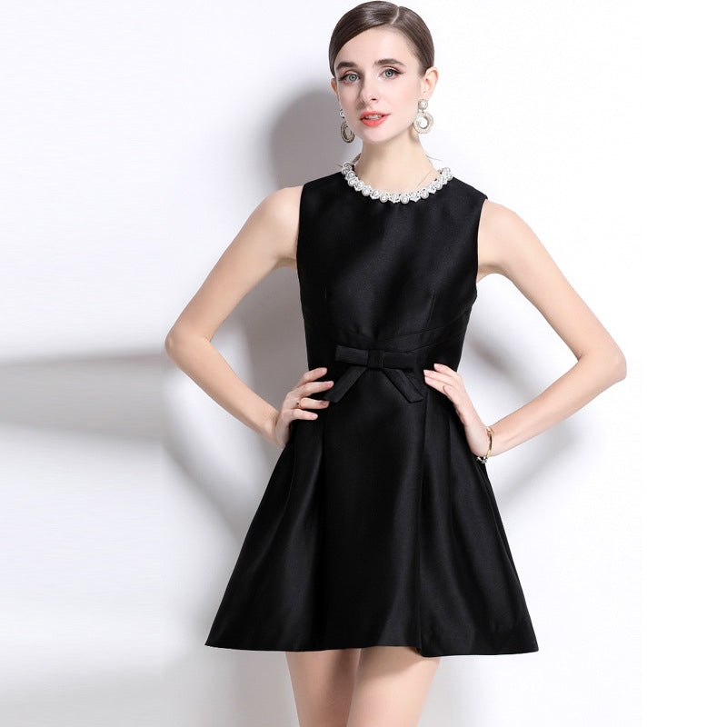 Elegant Pearl-Trimmed Black Mini Dress - 899034048641_BLACK