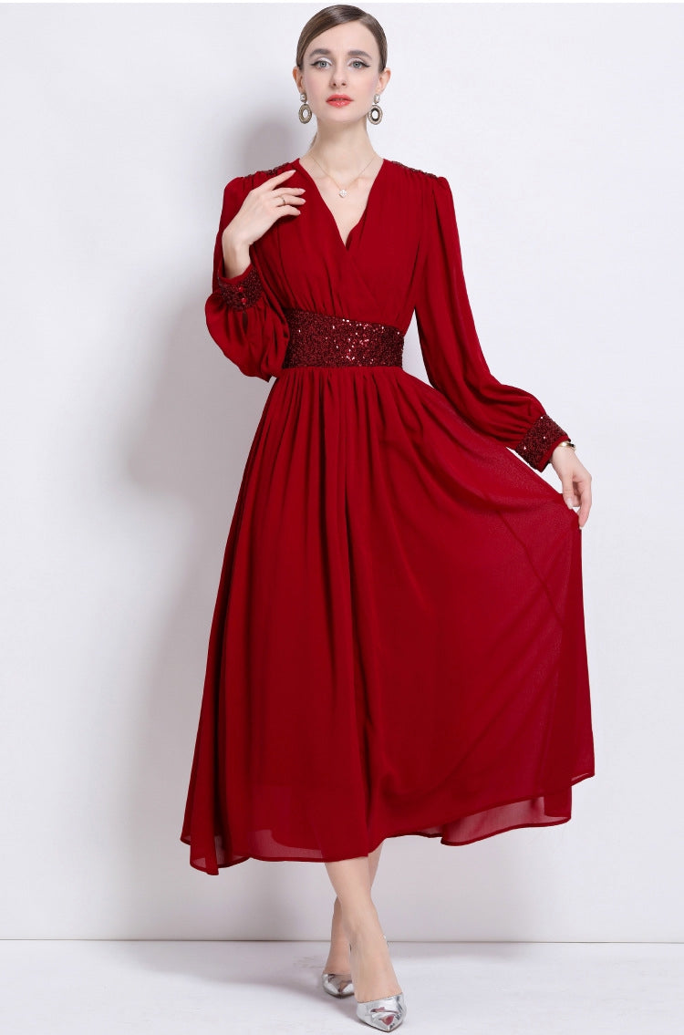 Crimson Elegance Sequin Waist Maxi Dress