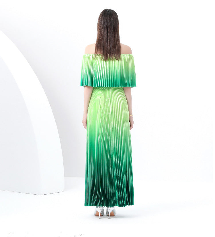Off-Shoulder Green Ombre Pleated Maxi Dress