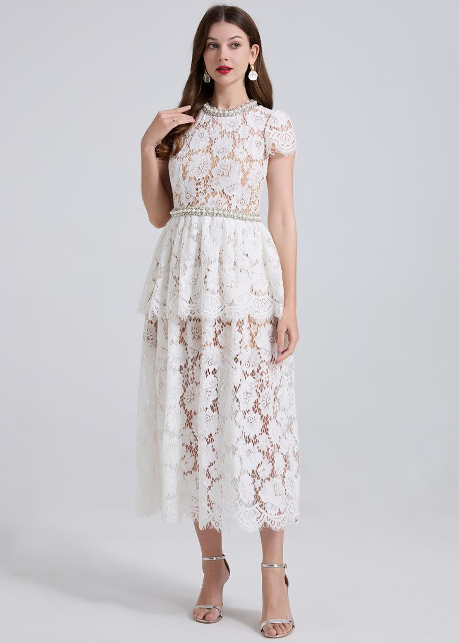 Elegance Pearl Trimmed Lace Midi Dress