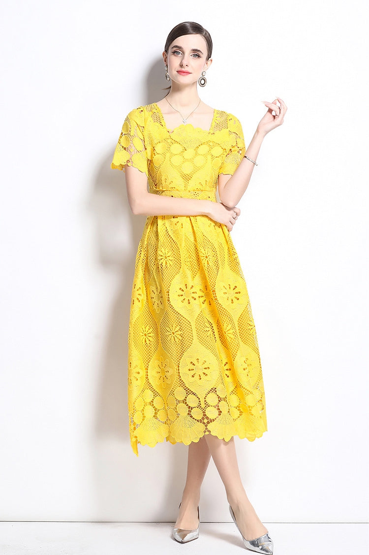 Vibrant Yellow Lace Midi Dress