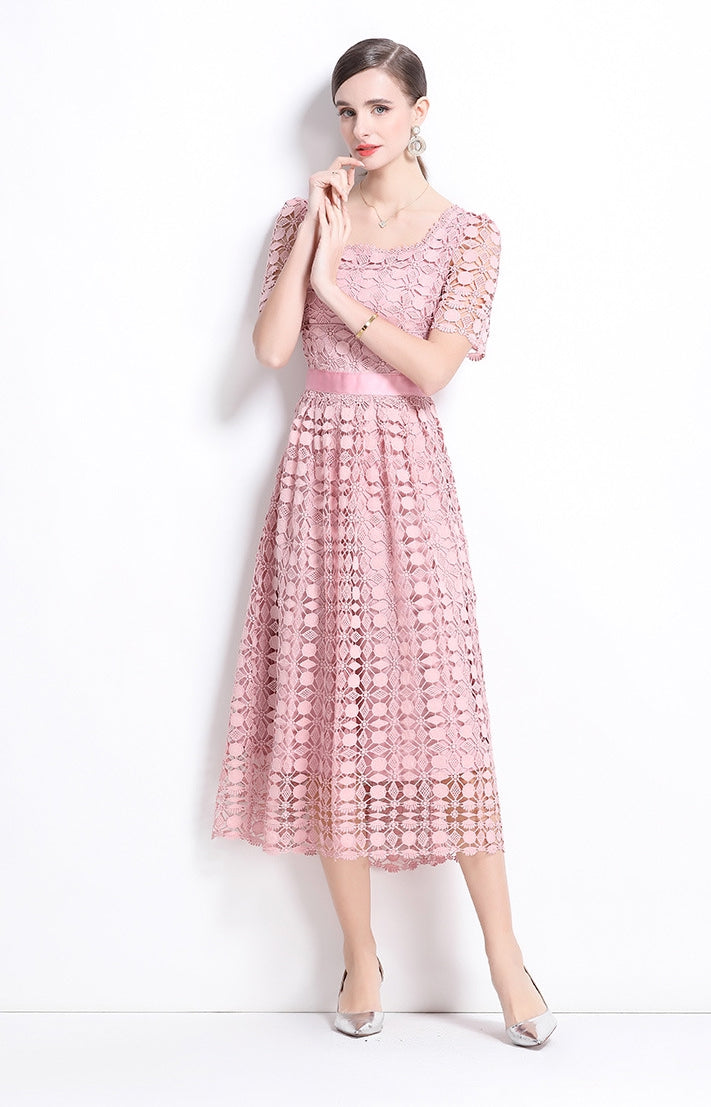 Elegant Pink Lace Midi Dress