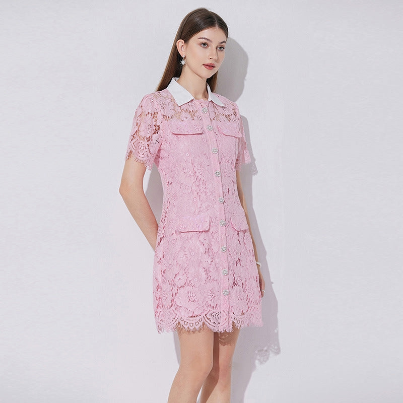 Rosette Charm Collared Lace Shirt Dress - 902173220374_PINK