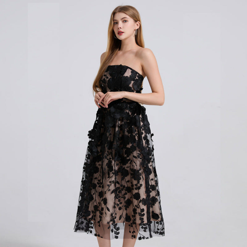 Midnight Bloom Strapless Tulle Dress - 912071976607_BLACK