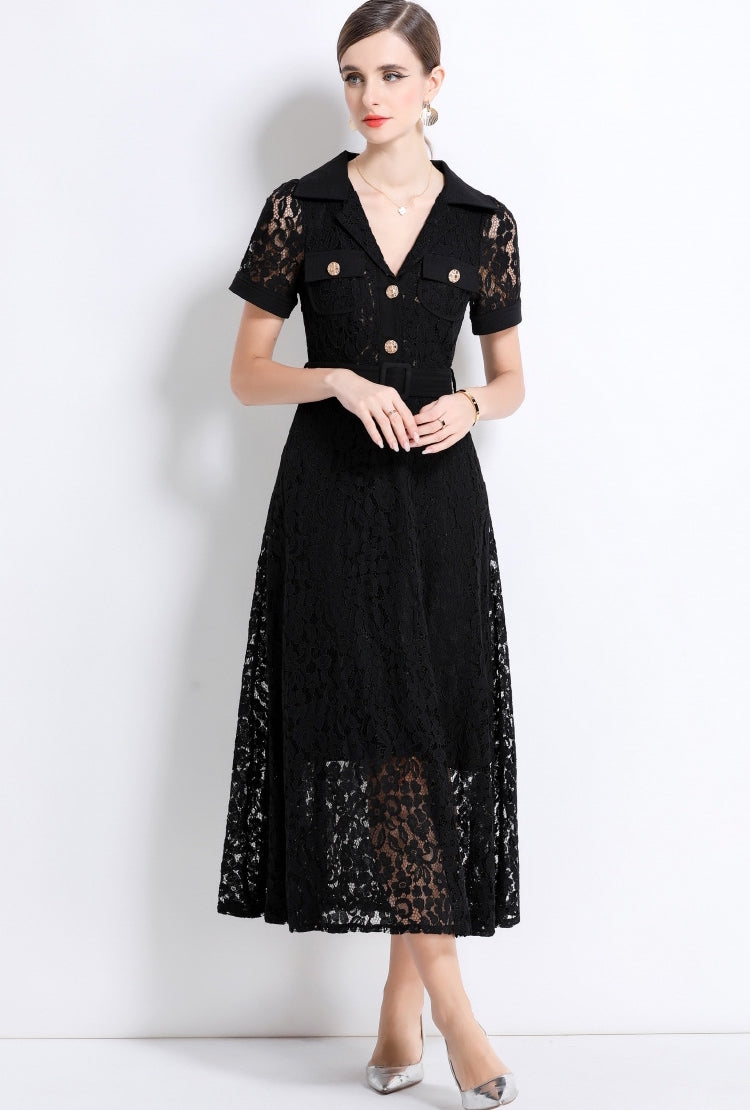 Black Lace Military Midi Dress