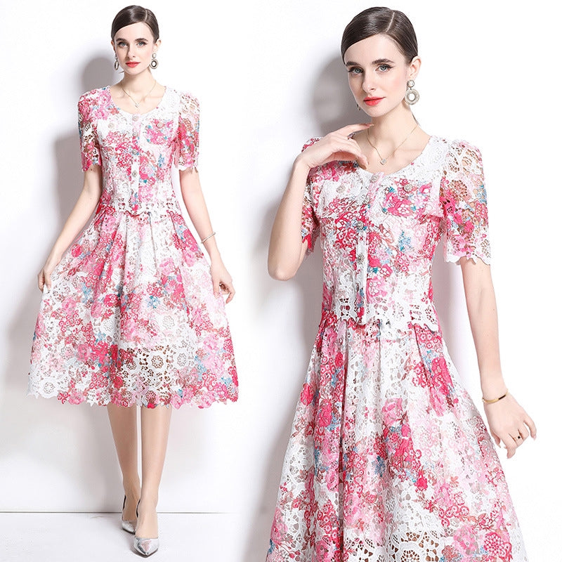 Floral Lace Patchwork Midi  Two Piece Dress