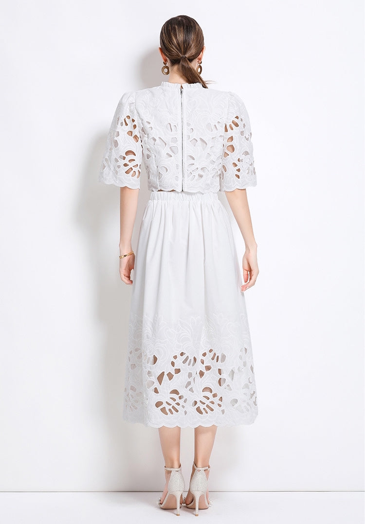 White Embroidered Cutout Two Piece Dress