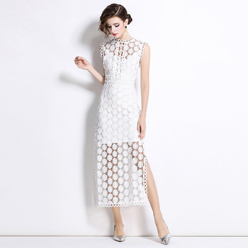 White Hollow-Out Lace Midi Dress