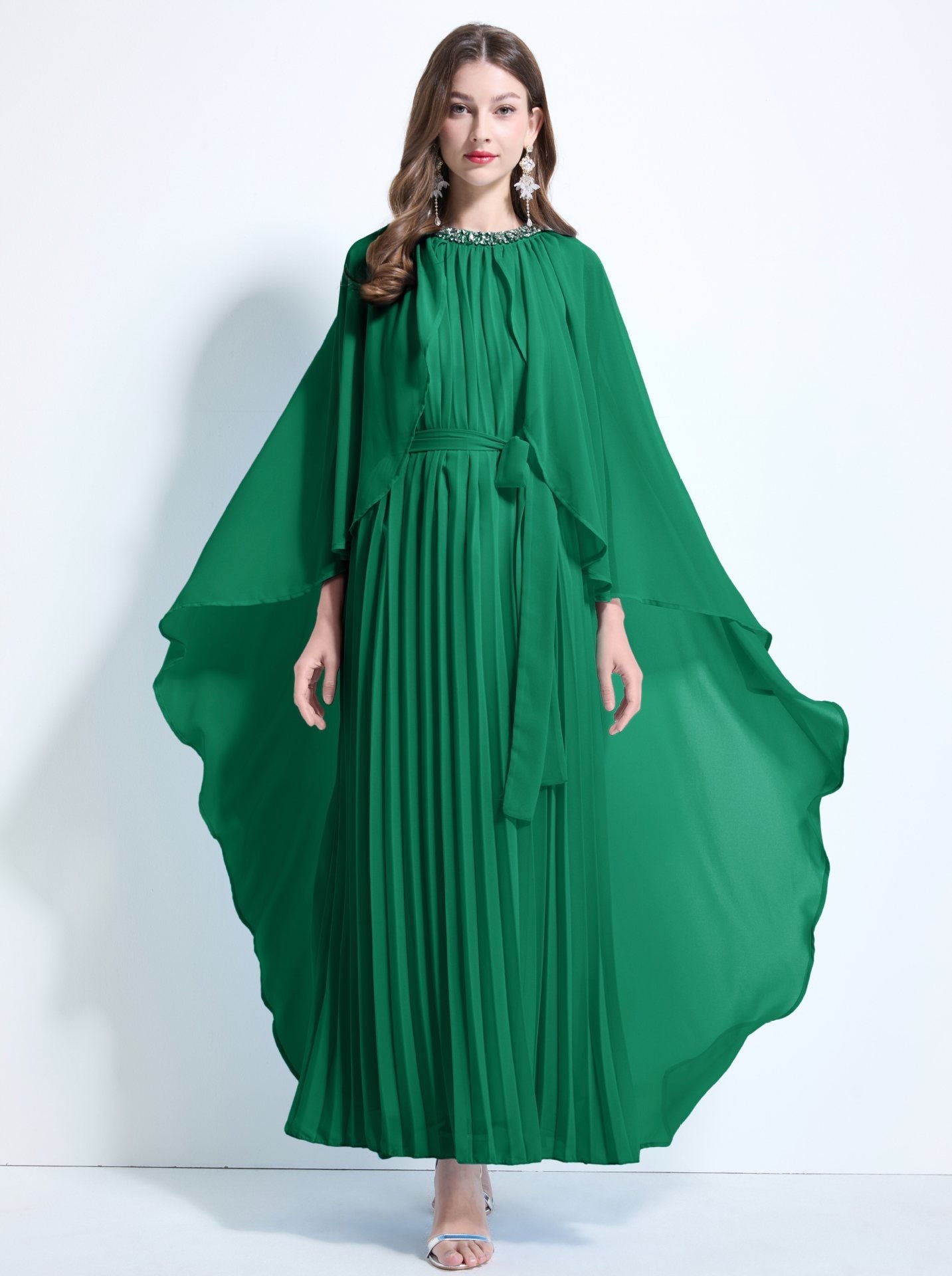 Emerald Green Pleated Cape Maxi Dress