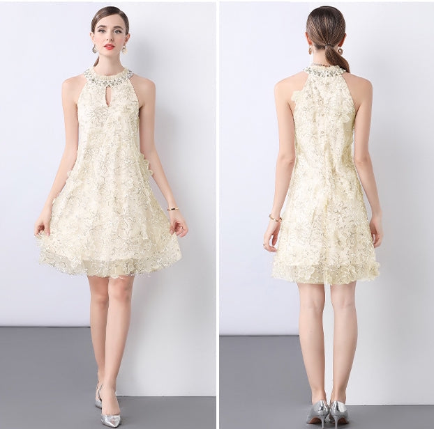 Elegant Pearl Embellished Lace Cocktail Dress