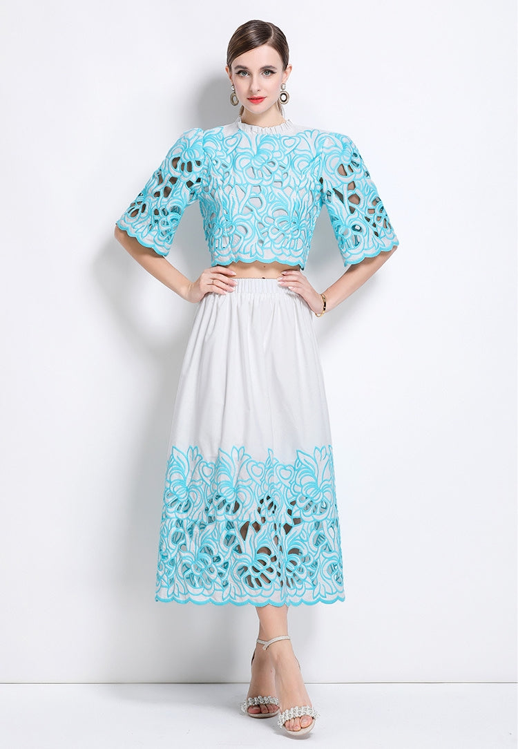 Turquoise Embroidered Lace Two Piece Dress