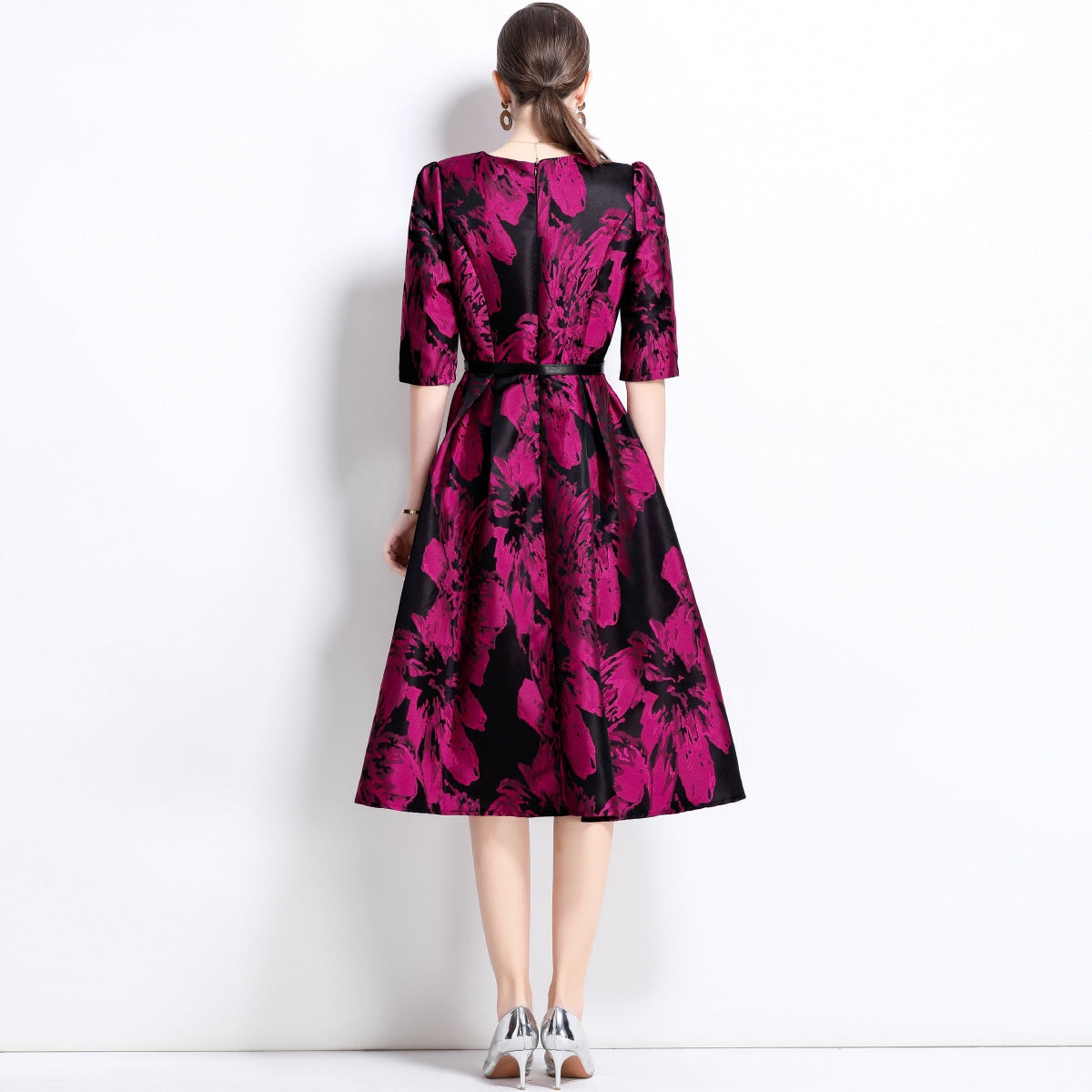Jacquard Fuchsia Dress With Fitted Vest and Hepburn skirt