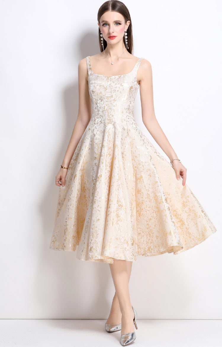 Elegant Gold Jacquard Midi Dress
