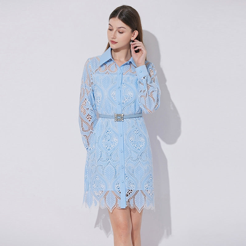 Celestial Eyelet Belted Shirt Dress - 901028103574_BLUE